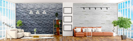 Beautiful modern interior with windows. 3D rendering