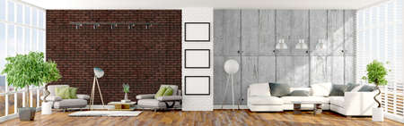 Beautiful modern interior with windows. 3D rendering