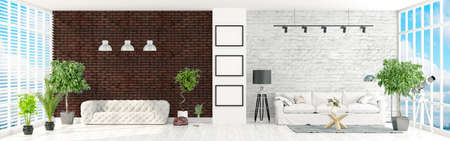 Beautiful modern interior with windows. 3D rendering