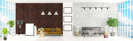 Beautiful modern interior with windows. 3D rendering