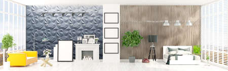 Beautiful modern interior with windows. 3D rendering