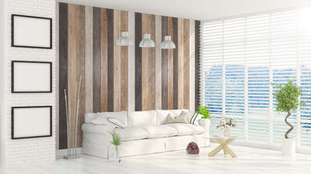 Beautiful modern interior with sofa. 3D rendering