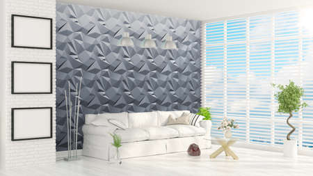 Beautiful modern interior with sofa. 3D rendering