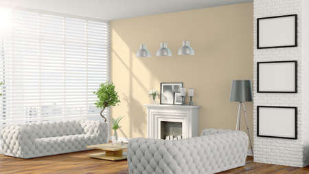 Beautiful modern interior with sofa. 3D rendering