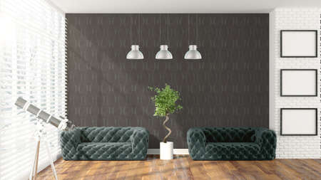 Beautiful modern interior with sofa and plant. 3D rendering
