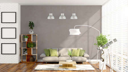 Beautiful modern interior with sofa and plant. 3D rendering