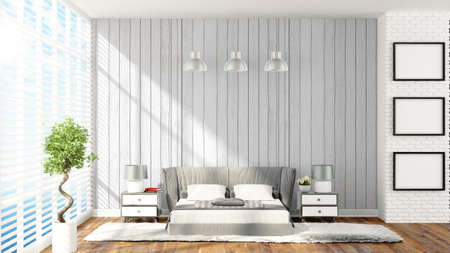 Beautiful modern interior with bed. 3D renderingの写真素材