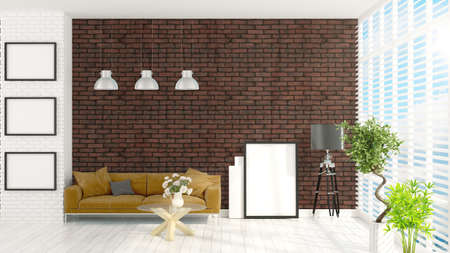 Beautiful modern interior with sofa and plant. 3D rendering