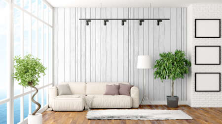 Beautiful modern interior with sofa. 3D rendering