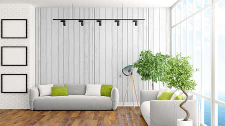 Beautiful modern interior with sofa. 3D rendering