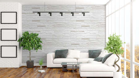 Beautiful modern interior with sofa. 3D rendering