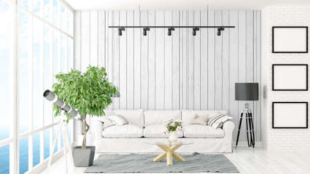 Beautiful modern interior with sofa. 3D rendering