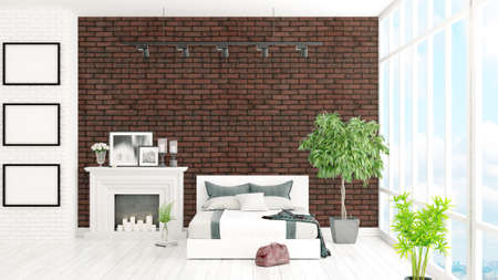 Beautiful modern interior bedroom with bed. 3D renderingの写真素材