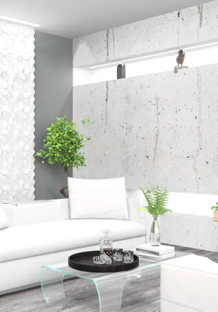 Beautiful modern interior with sofa. 3D rendering