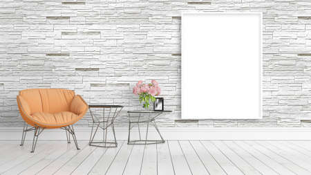 Modern bright interior with empty frame . 3D rendering
