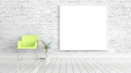 Modern bright interior with empty frame . 3D rendering