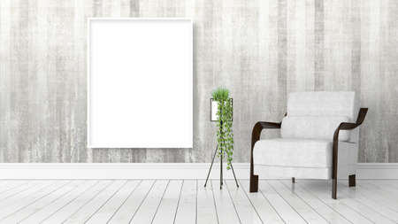 Modern bright interior with empty frame . 3D rendering