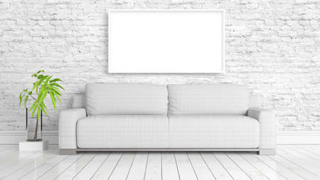 Modern bright interior with empty frame . 3D rendering