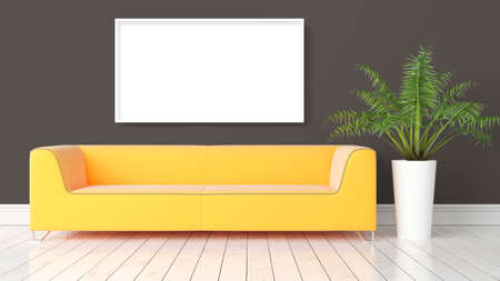 Modern bright interior with empty frame . 3D renderingの写真素材