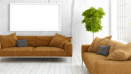 Beautiful living room interior with mock up poster frame. 3D renderingの写真素材