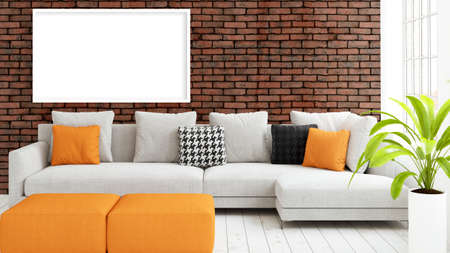 Beautiful living room interior with mock up poster frame. 3D renderingの写真素材
