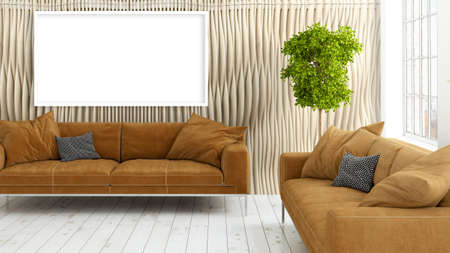 Beautiful living room interior with mock up poster frame. 3D rendering