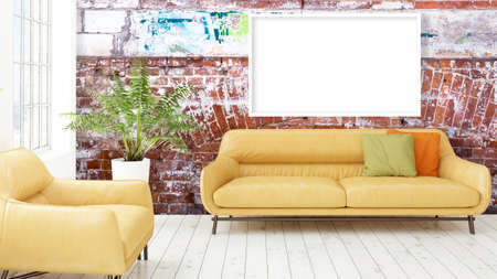 Beautiful living room interior with mock up poster frame. 3D renderingの写真素材