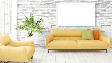 Beautiful living room interior with mock up poster frame. 3D renderingの写真素材