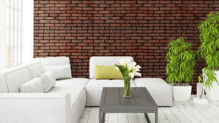 Modern bright interior with large window . 3D rendering