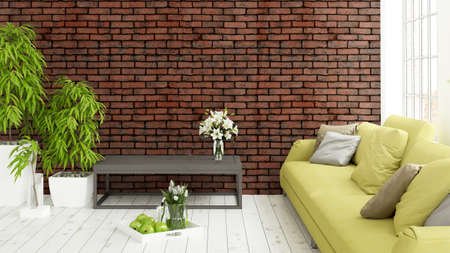 Modern bright interior with large window . 3D renderingの写真素材