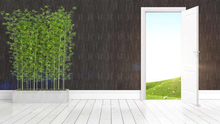 Modern bright interior with open door . 3D renderingの写真素材