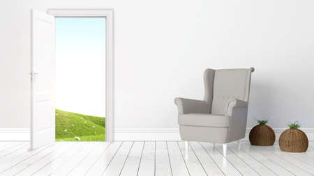 Modern bright interior with open door . 3D renderingの写真素材