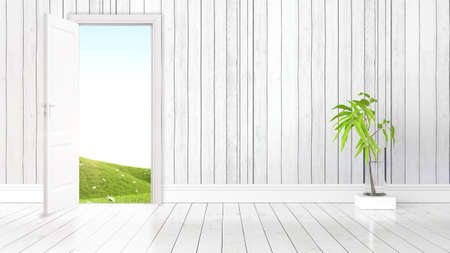 Modern bright interior with open door . 3D renderingの写真素材