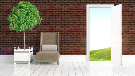Beautiful living room interior with open door. 3D rendering
