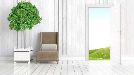 Beautiful living room interior with open door. 3D rendering