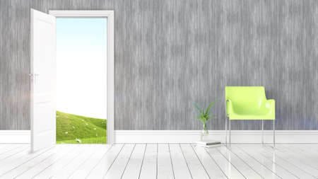 Beautiful living room interior with open door. 3D renderingの写真素材