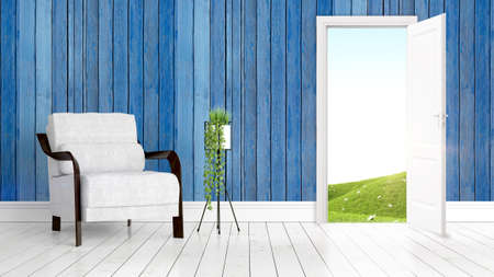 Modern bright interior with open door . 3D renderingの写真素材