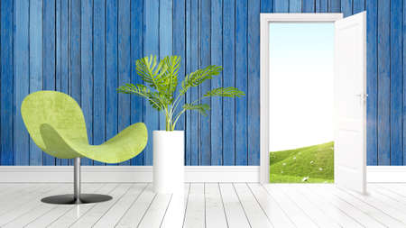 Modern bright interior with open door . 3D renderingの写真素材