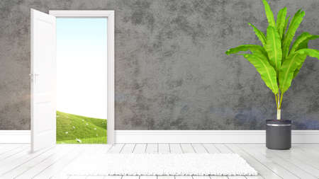 Modern bright interior with open door . 3D renderingの写真素材