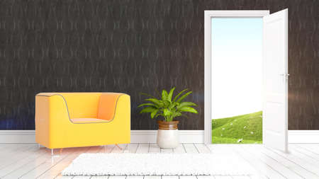 Modern bright interior with open door . 3D renderingの写真素材