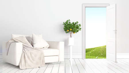 Modern bright interior with open door . 3D rendering