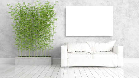 Modern bright interior with empty frame . 3D rendering