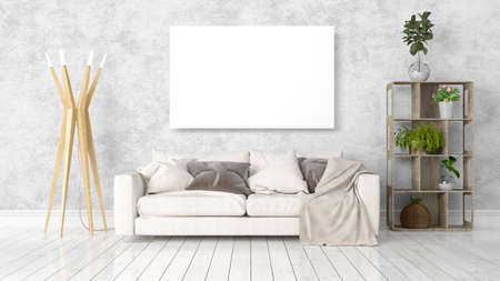 Beautiful living room interior with mock up poster frame. 3D rendering