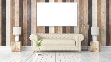 Modern bright interior with empty frame . 3D renderingの写真素材