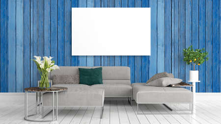 Modern bright interior with empty frame . 3D renderingの写真素材