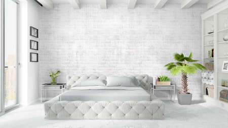 Beautiful modern bedroom interior with empty wall. 3D renderingの写真素材