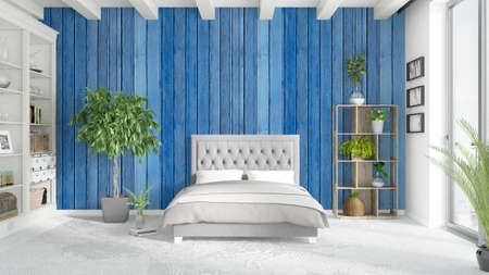 Beautiful modern bedroom interior with empty wall. 3D renderingの写真素材