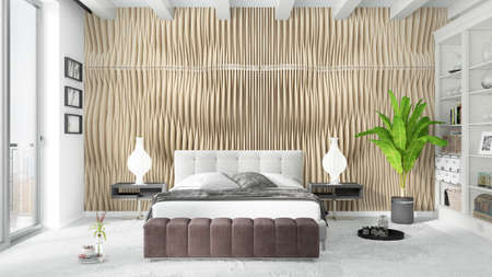 Beautiful modern bedroom interior with empty wall. 3D renderingの写真素材