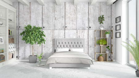 Beautiful modern bedroom interior with empty wall. 3D renderingの写真素材