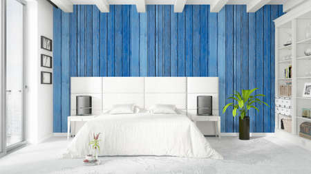 Beautiful modern bedroom interior with empty wall. 3D rendering